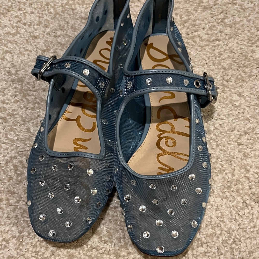 Sam Edelman Teal Mesh Mary Jane Flats with Rhinestone Accents